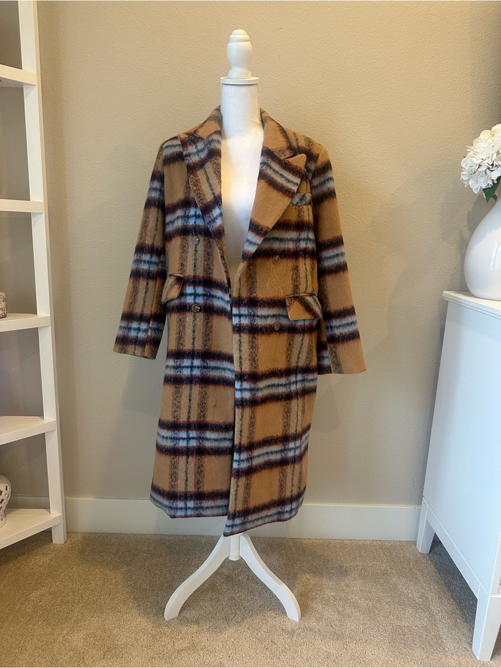 Chicwish Camel Plaid Double-Breasted Wool Coat